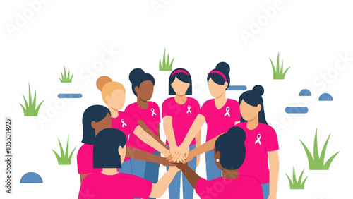 Women unite for breast cancer awareness wearing pink ribbons in flat design