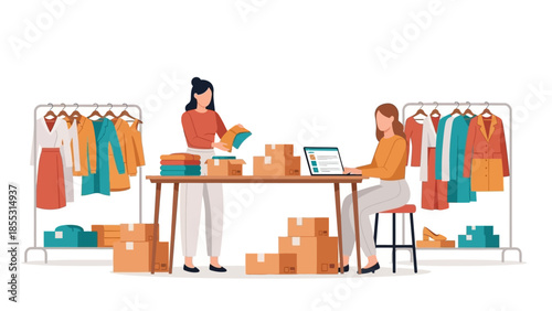 Women managing inventory in fashion store with laptops and apparel boxes