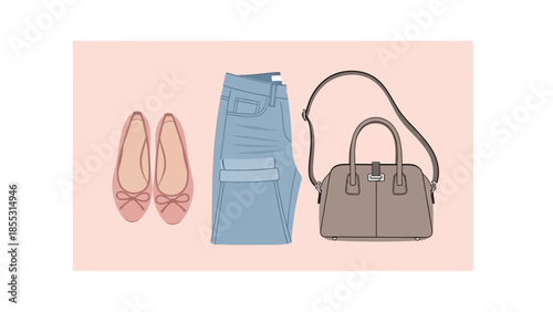 Casual fashion essentials with ballet flats, denim jeans and tote bag on neutral background