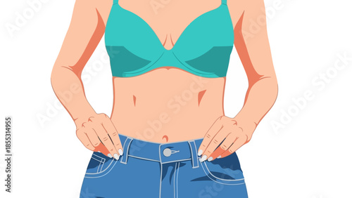 Woman in turquoise bra adjusting jeans, flat style