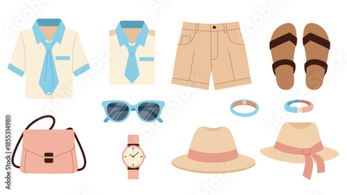 Summer outfit essentials with accessories including sunglasses and hat in flat design style
