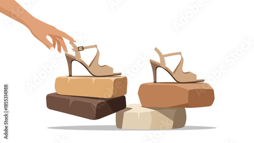 Fashionable sandals displayed with geometric platforms and hand reaching for trendy style