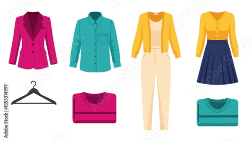 Fashionable clothing collection featuring jackets, sweaters, and dresses in flat design