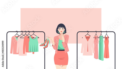 Woman choosing clothes and shoes in modern fashion boutique