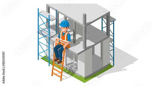 Construction worker on ladder with safety gear at building site