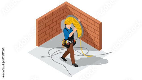 Construction worker installing cables in isometric style brick room