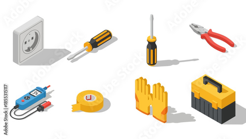 Essential isometric tools set featuring screwdrivers pliers gloves and more for home repair