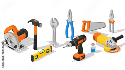 Isometric tools collection: essential hand and power equipment in flat design