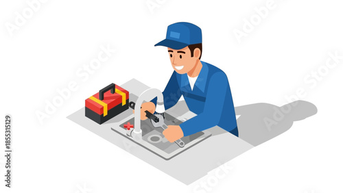 Happy plumber fixing sink with toolbox in isometric style