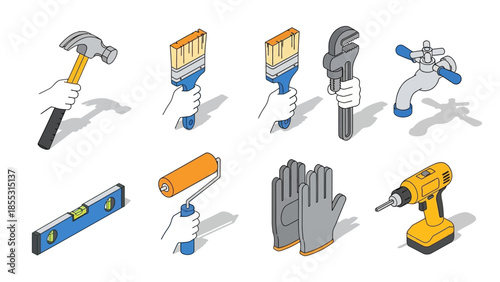 Isometric tools and hand elements for construction and diy projects
