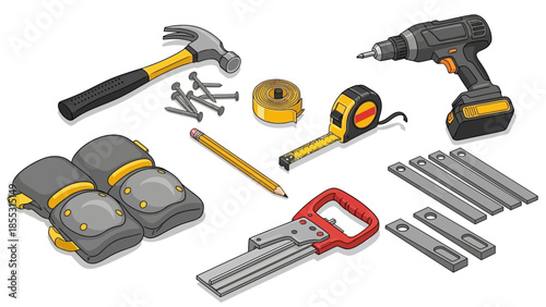 Handyman tools set: hammer, drill, saw, measuring tape, and more in realistic style