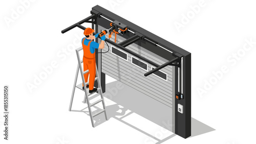 Isometric technician installing modern garage door opener in industrial setting