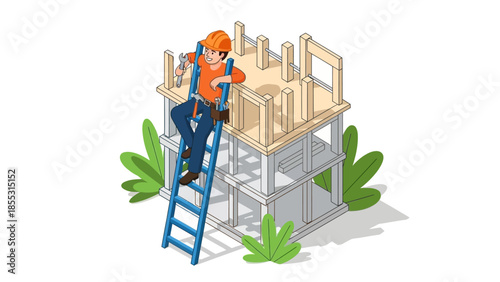 Construction worker climbing ladder on building frame in isometric style with greenery