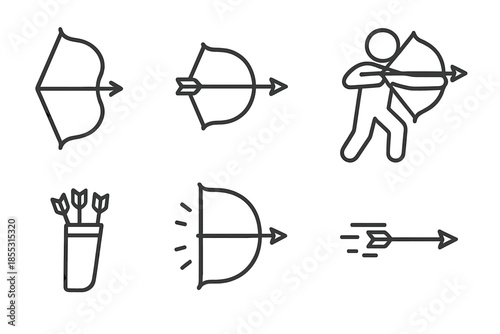Bowstring Hunt Icons. Line style icons of Bowstring Hunt Scene: curved bow, notched arrow, hunter shape, quiver grip, arc tension,