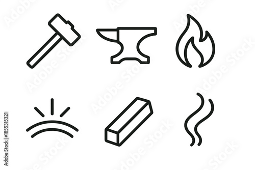 Hammer Anvil Icons. Line style icons of Hammer Anvil Forge: hammer silhouette, solid anvil, forge flame, spark arc, metal bar,
