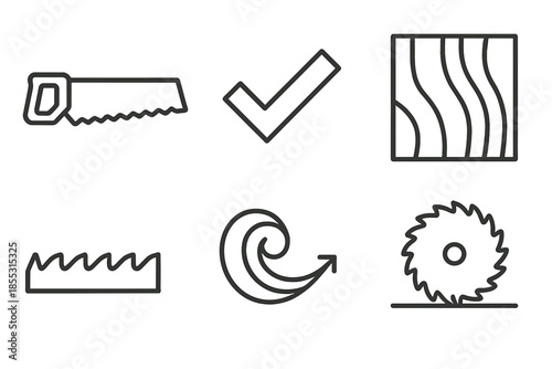 Carpenter Tool Icons. Line style icons of Cutblade Carpenter: slim saw, carpenter mark, timber sheet, blade teeth, chip motion,