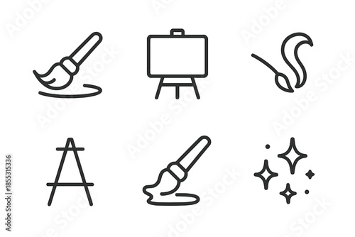 Brushcraft Art Icons. Line style icons of Brushcraft Artboard: brush sweep, artboard outline, stroke curl, support legs, paint
