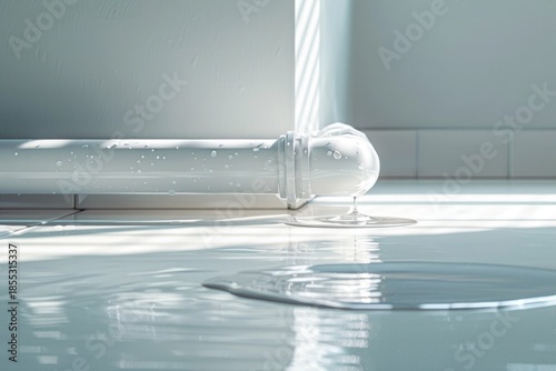 White pipe leaking water onto floor indoors, concept of plumbing problems, water damage and resource conservation.