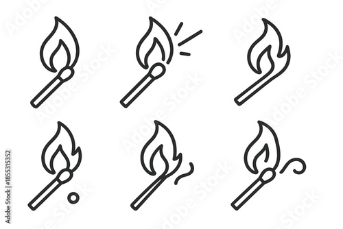 Line Style Ignite Icons. Line style icons of Ignite Stick Flame: match form, flare flame, ignition streak, wooden line, ember hint