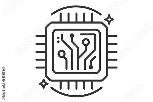 Techline Microchip Icons. Line style icons of Techline Microchip: microchip form, circuit paths, tech markers, pin arc, signal