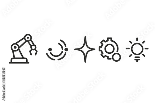 Robotic Arm Icons. Line style icons of Robot Arm Future: robotic arm silhouette, joint arcs, future spark, gear hint, cable line,