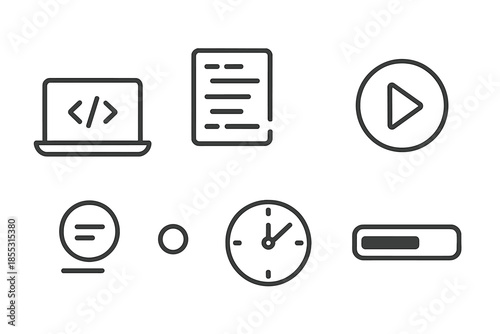 Programming Workflow Icons. Programming session flow: Line style icons of focused laptop, scrolling code lines, play test icon,