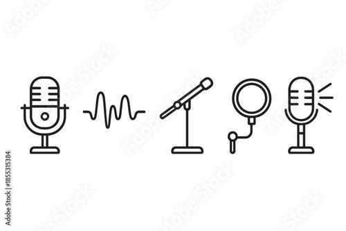 Line Style Microphone Icons. Microphone voice amplify: Line style icons of studio microphone, voice waves, sound plume, audio