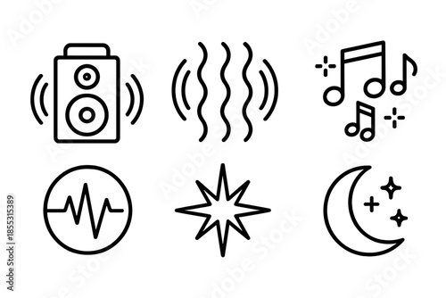 Party Sound Icons. Party sound blast: Line style icons of boom speaker, wave bursts, music symbols, pulse circle, energy spark,