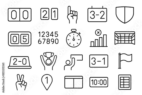 Game Score Icons. Line style icons of Game Score Tools: scoreboard, numbers, hand hold, victory display, digital panel, score