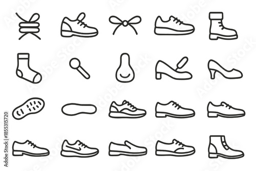 Footwear Icon Set. Line style icons of footwear essentials: Lace, Shoe, Tie, Sneaker, Boot, Sock, Eyelet, Aglet, Tongue, Heel,