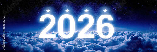 Radiant numerals shine above endless clouds beneath sparkling tranquil night sky.