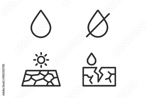 Water Scarcity Icons. Line vector icons of water scarcity concept: minimal drop, barren land, dehydrated surface, scarcity mark,
