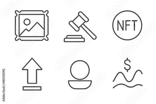 NFT Auction Icons. Line vector icons of NFT auction platform: artwork frame, auction hammer line, token ring, upward bid arrow,