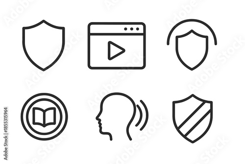 Safe Media Navigation. Line vector icons of safe media navigation: shield outline, media window, safety arc, literacy ring,