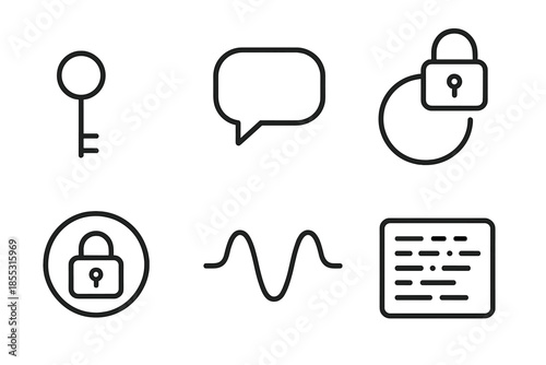 Cryptographic Icons Set. Line vector icons of cryptographic messaging: key outline, message bubble, encryption arc, code stripe,