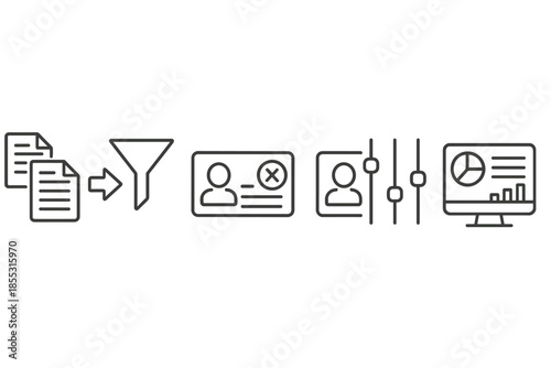 Automated Misinformation Filter Icons. Line vector icons of automated misinformation filter: document stream, filter gate,