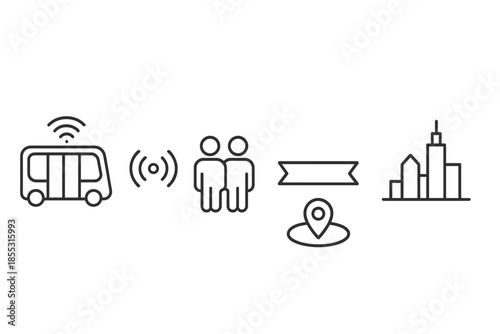 Autonomous Transport Icons. Line vector icons of connected autonomous transport: connected shuttle outline, signal waves,