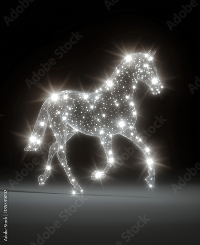 Starlit equine figure glows intensely against deep shadowy minimal backdrop.