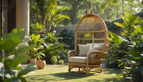 Wicker chair placed in the middle of a garden surrounded by greenery, outdoor furniture scene, natural environment, relaxed lifestyle setting, and decorative garden design