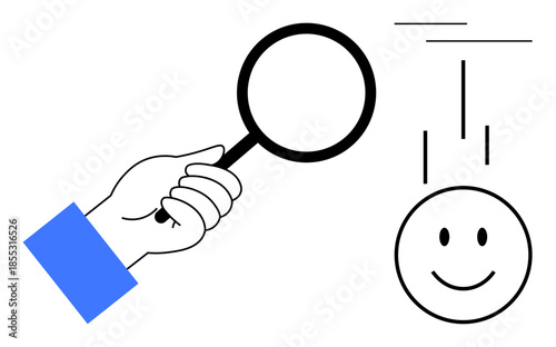 Analysis concept. A hand with a magnifying glass investigates a smiling face in a minimalist design style. Analysis s exploration and understanding. For education, business, communication, research