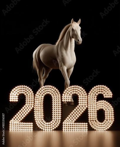 Graceful white stallion stands behind illuminated marquee numbers on dark stage.