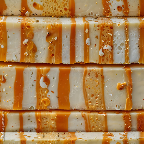 ColbyJack cheese drizzled with caramel syrup in a creative display