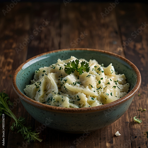 Creamy Irish Colcannon served in a rustic bowl with fresh herbs