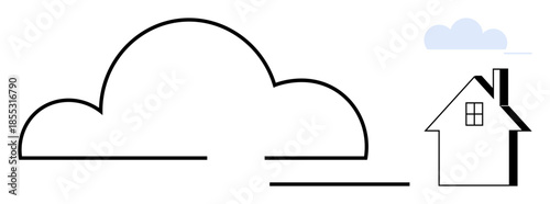 Weather patterns, real estate, home living, climate concepts, insurance , minimalist design. A cloud outline with a small house and a subtle blue sky. Weather patterns and real estate concept