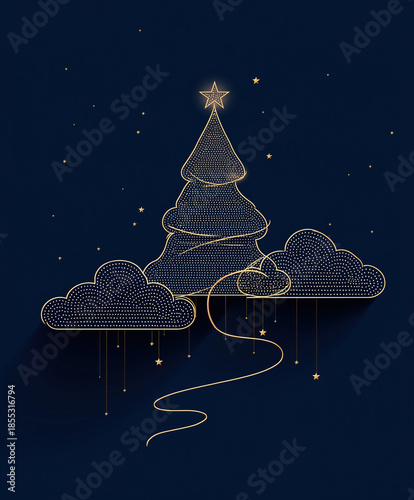 Brilliant golden spiral tree hovers above swirling cosmic clouds and stardust.