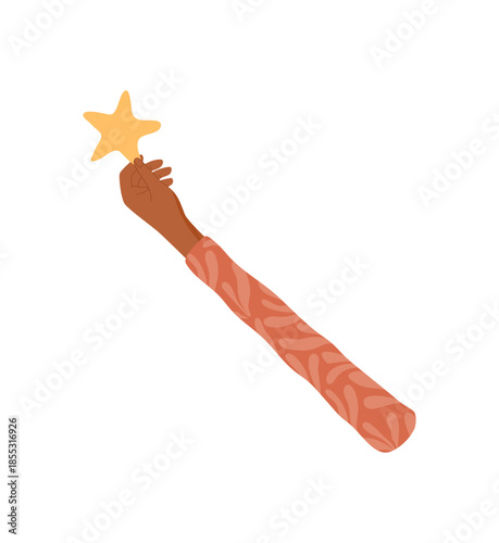 Cartoon hand holding symbol of feedback. Icon of review and rate with focus on quality and satisfaction. Positive perspective, isolated star, symbol opinion evaluation.