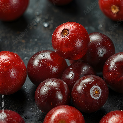 Plump red cranberries glistening with droplets on a dark surface