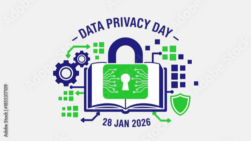 Data Privacy Day graphic with padlock and book on January 28