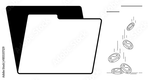Financial management, digital transactions, savings, economy, file organization, data storage. A file folder with coins falling nearby. Financial management and digital transactions concept