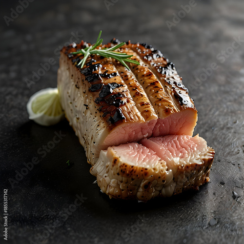 Grilled crocodile steak served with fresh herbs and lemon